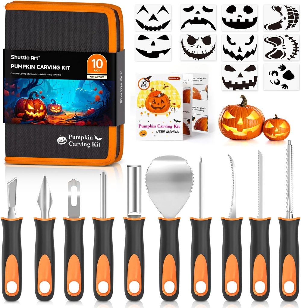 Shuttle Art 20 PCS Halloween Pumpkin Carving Kit, 10 PCS Professional Heavy Duty Stainless Steel Pumpkin Carving Tools with 10 Pumpkin Stencils and Carrying Case, Safe and Durable for Kids Adults