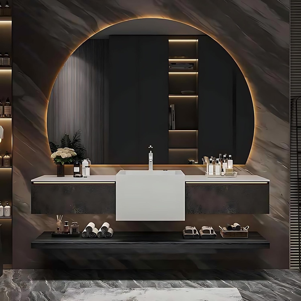 Floating Bathroom Vanity with Sink - Luxury Bathroom Vanity with LED Smart Defogging Mirror & Drawers, Partitions - Multi-Layer Solid Wood Material - Wall Mounted