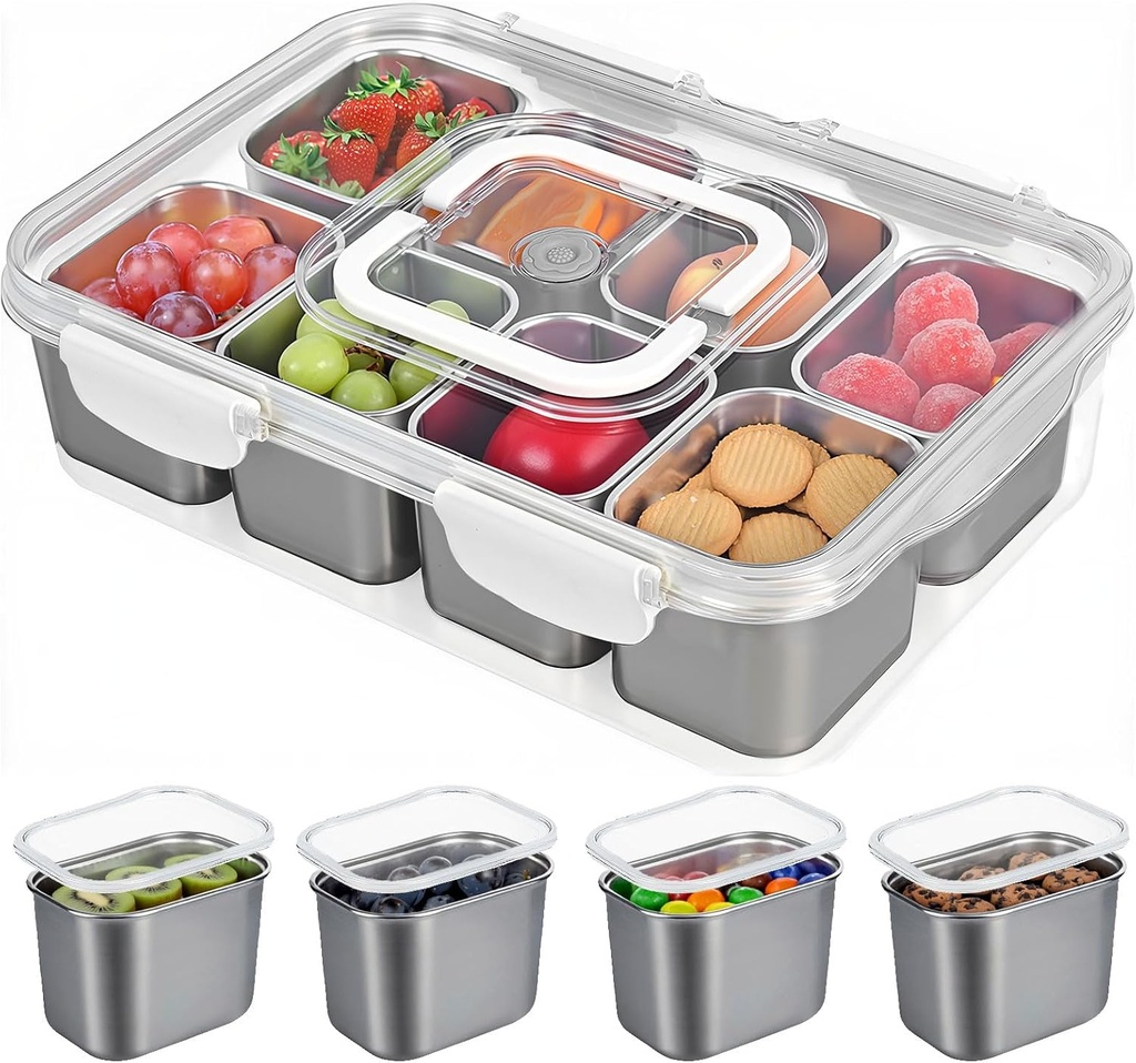 Snackle Box Container, 304 Stainless Steel Snack Containers, Portable Snacklebox for Veggie, Candy, Divided Serving Tray with Lid and Handle, 8 Compartment Fruit Platter for Party, Picnic, Travel