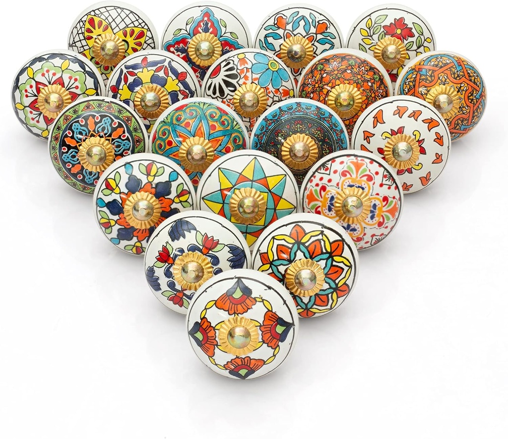 Craft Trade Ceramic Cabinet Knobs for Kitchen Cabinets and Drawers – Boho Mandala Dresser Knobs, Kitchen Door Pulls, Closet and Bathroom Cabinet Hardware – Decorative Knobs - Multi Color, Set of 20