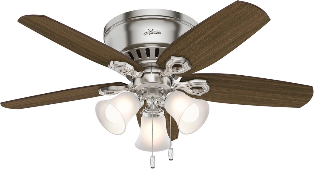 Hunter 42 inch Indoor Ceiling Fan with LED Lights - Ceiling Fan with Pull Chain, For Bedroom, Living Room, or Kitchen, Low Profile Mount, No Remote, 5 Blades - Builder 51092, Brushed Nickel