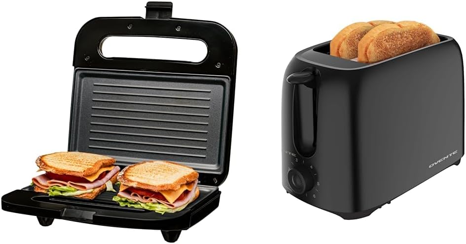 OVENTE 750W Panini Press Grill & 700W 2-Slice Toaster Bundle - Sandwich Maker & Toaster Machine Set