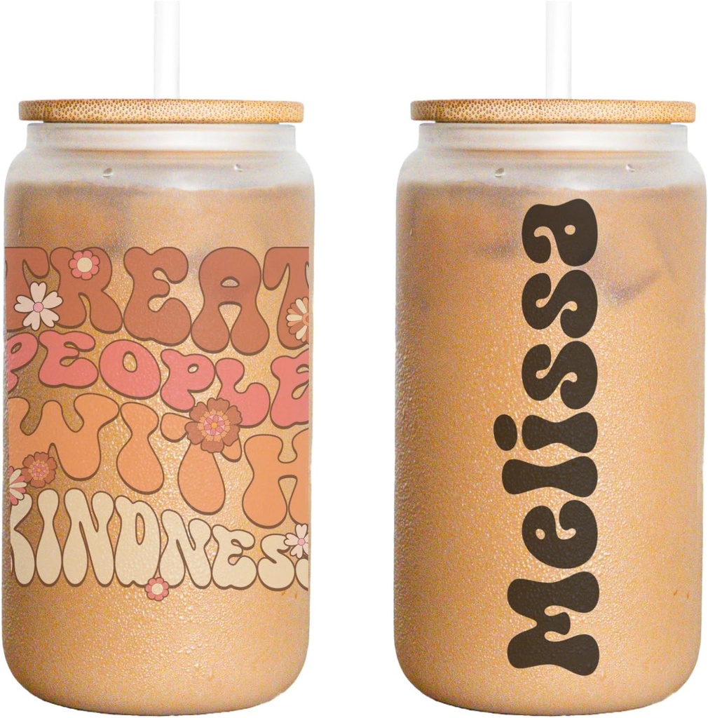 Custom Name Retro Treat People With Kindness 16 oz Frosted Glass Cup for Iced Coffee, Iced Tea, Boba Cold Drinks With Lid And Straw, Personalized Gifts