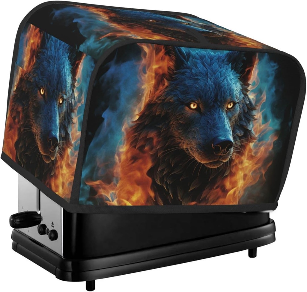 Wolf Head In Blue Flames 2 Slice Toaster Covers Bread Machine Cover Quilted Dustproof Fingerprint Protectors Small Washable Appliance Cover Bread Maker Dust Protection Universal Size