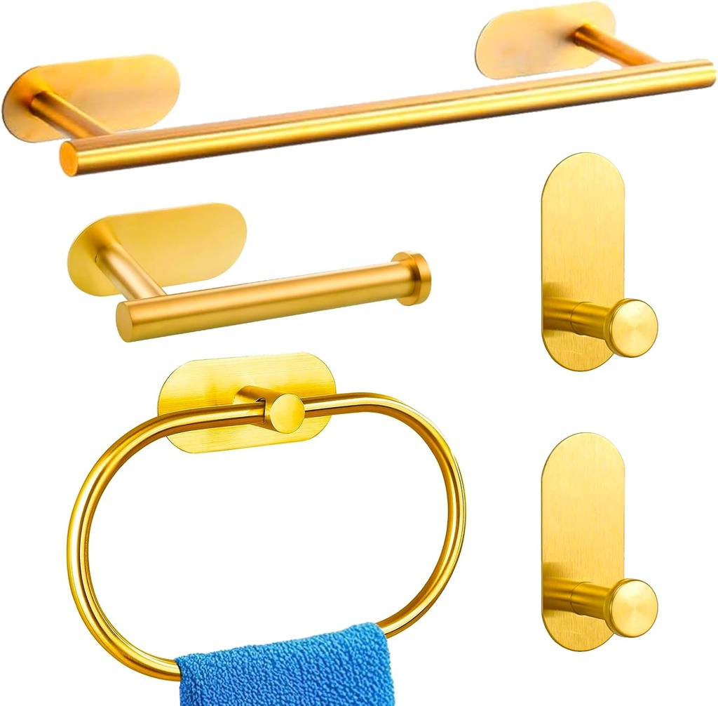 Bathroom Hardware Set, Self Adhesive Bathroom Accessories Set Stainless Steel, Including 16" Towel Bar, Toilet Paper Holder, Towel Ring, Towel Hook (Brushed Gold-5pcs-16inch)