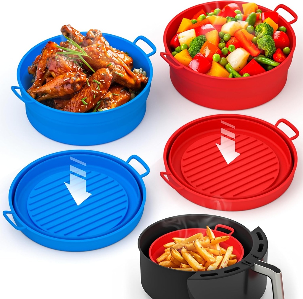 Collapsible Silicone Air Fryer Basket Liners Pot - AirFryer Liners Reusable Bowls for 3 to 5 qt As Seen on the Today Show - Air Fryer Accessories 2 Pack - Round Silicone Liners (Red & Blue)