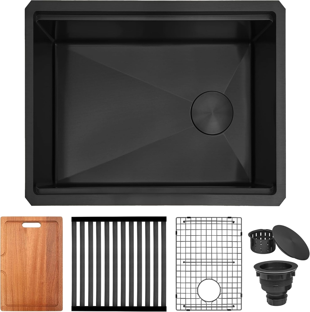 Black Undermount Kitchen Sink,16 Gauge Stainless Steel Sinks,Single Bowl Workstation Sink,Modern Kitchen Sink Offset Drain (23" X 18")