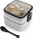 Flamingo in Water Bento Box Adult Lunch Box All-in-One Lunch Containers with Removable Compartments Double Layer Bento Lunch Box with Spoon And Handle Stackable Lunchbox