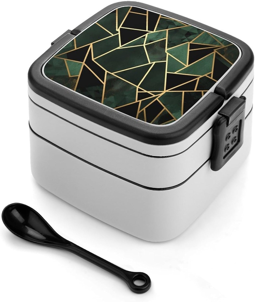 Black And Gold Geometric Bento Box Adult Lunch Box All-in-One Lunch Containers with Removable Compartments Double Layer Bento Lunch Box with Spoon And Handle Stackable Lunchbox