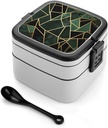 Black And Gold Geometric Bento Box Adult Lunch Box All-in-One Lunch Containers with Removable Compartments Double Layer Bento Lunch Box with Spoon And Handle Stackable Lunchbox