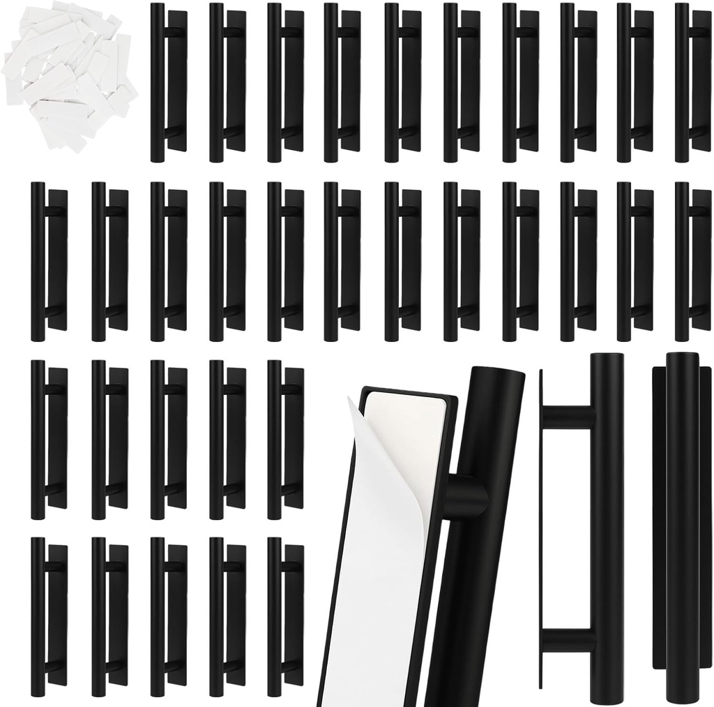 Self-Stick Push Pull Helper, 30 Pack Black Self Stick Drawer Pulls, ABS Plastic Adhesive Cabinet Handles, Peel and Stick Door Handles for Kitchen Cabinets, Sliding Doors, Wardrobe & Furniture