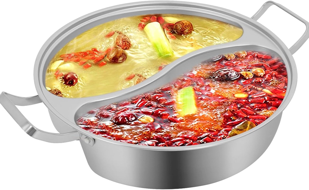 Double-flavor Hot Pot, 304 Stainless Steel Soup Cookware with Divider and Clear Lid for Cooking, for Induction Cooktop, Gas Stove & Hot Burner (12.8in)