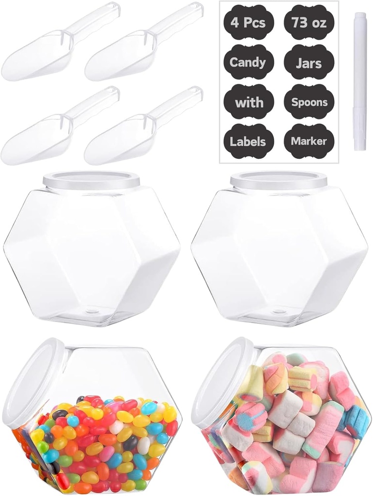 4pcs Plastics Candy Jars 72 oz with Lid & Spoons, 2200ml Hexagon Plastic Cookie Jars Set Clear with Labels& Pen for Candy, Buffet, Coffee Holder Food Storage