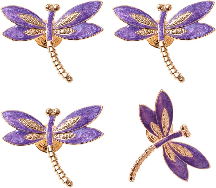 Lovely Dragonfly Cabinet Knobs Purple 4Pcs Animal Pull Single Hole Handle for Door Closet Drawer Cupboard Dresser Wardrobe Furniture Kitchen Modern Home Office