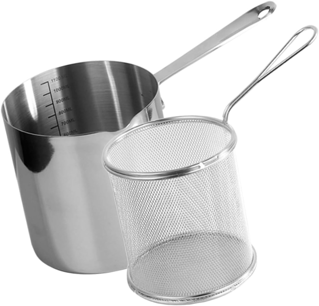 VICASKY Stainless Steel Fryer Pot with Deep Frying Basket Small Polished Kitchen Fry Basket with Ergonomic Heat Resistant Handle Efficient Multi Use Food Fryer for Home Cooking