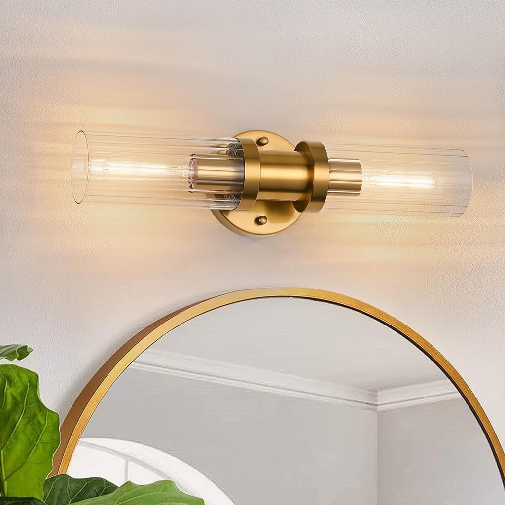 Jonsi 2-Light Gold Wall Sconce, Brushed Gold Bathroom Vanity Light Fixture with Glass Shade, 18.2 Inch Up and Down Wall Mount Lamp for Mirror Hallway Kitchen Living Room
