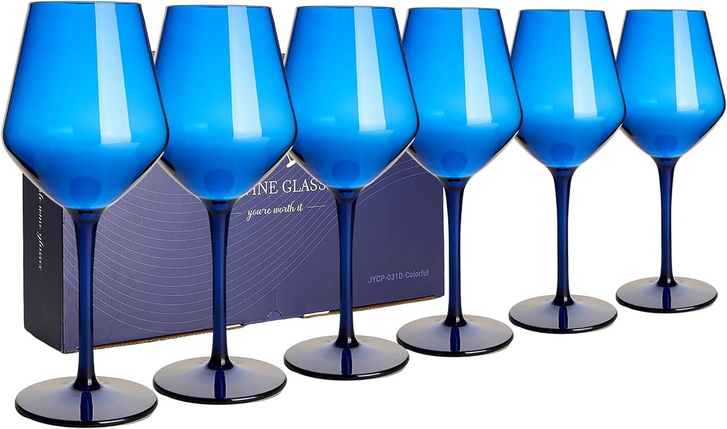 HAHASHOW Colorful Wine Glasses, Unbreakable Set of 6 Long Stem Glass, 15OZ Tritan Plastic Color Drinkware, Dishwasher Available Glassware, Perfect for Birthday, Wedding, Morther's Day Gifts, Blue