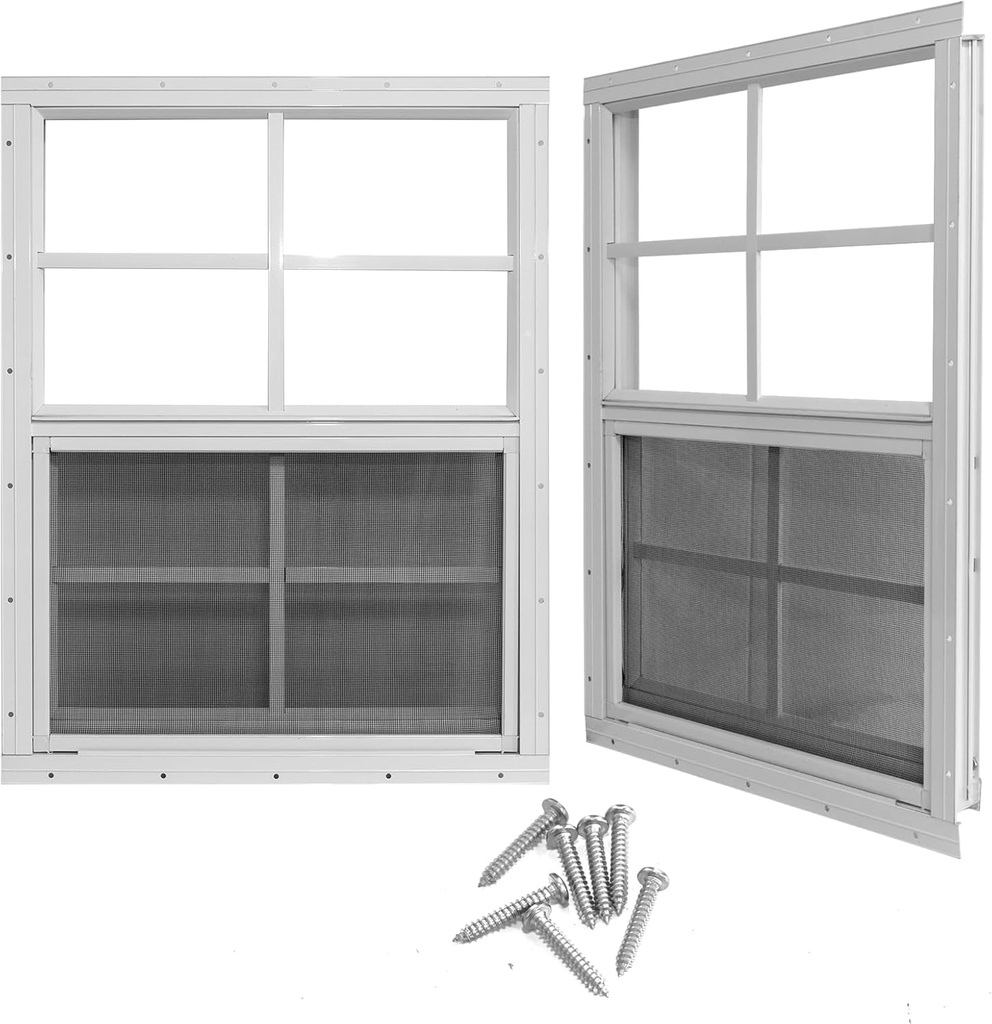 Yuzzy 24" x 27" Shed Windows with Tempered Glass and Fiberglass Screen, 2 Pack Small Sliding Windows for Shed, Chicken Coop, Playhouse, Household, Garage, Barns (White)