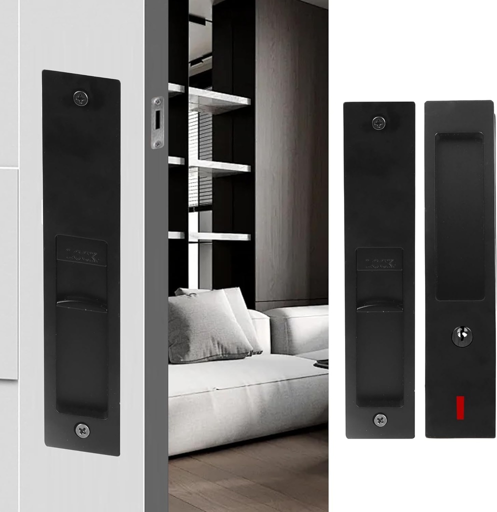 7" Black Privacy Pocket Door Lock Hardware,Invisible Recessed Handle Latch with Keys, Sliding Door Mortise Lock, Double Barn Door Lock Furniture Hardware, for Many Scenarios Bathroom, Barn,Bedroom