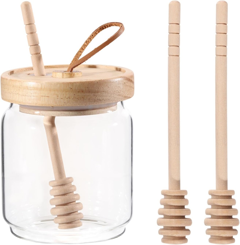 Honey Pot 9.3 oz Airtight Glass Honey Jars with 3Pcs Wooden Honey Dippers Stick Set Storing Honey Syrup Dispenser Containers with Wooden Lid for Home Kitchen