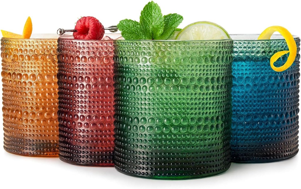 Khen Plastic Hobnail Drinking Glasses Set of 4 Neutral Tones Cups 14oz, Shatterproof & Unbreakable Acrylic Beaded Design, BPA-Free, Dishwasher Safe Indoor/Outdoor Drinkware for Water, Juice, Cocktails
