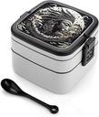 White And Black Tribal Illustration Bento Box with Spoon, 2-layer Stackable Lunch Box Leak Proof with Invisible Handle, Insulated Food Storage for Office, Picnic & Travel