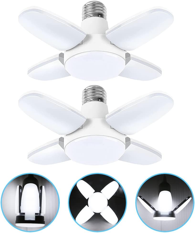 2-Pack Mini LED Garage Light, 40W Deformable LED Garage Ceiling Lights with 4 Adjustable Panels, LED Shop Light 4000LM 6500K LED Bulb Light E27/E26 Garage Light for Workshop,Indoor,living room