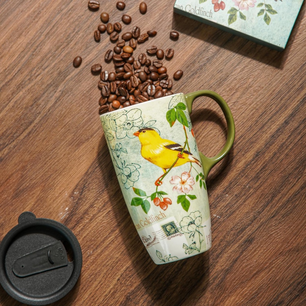 Coffee Ceramic Mug Porcelain Latte Tea Cup With Lid 17oz., bird