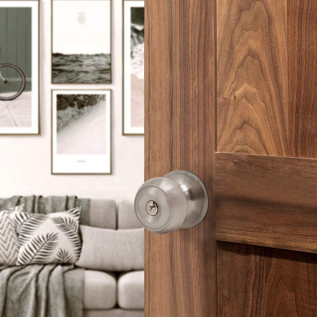 Gobrico Satin Nickel Flat Ball Door Knobs Locksets for Entry Door Key Alike Same Key Pack of 2