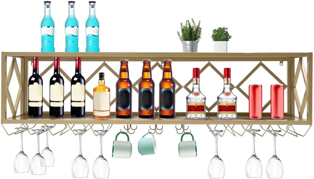 Bar Unit Floating Shelves, Wall-Mounted Wine Racks Inverted Wine Glass Rack Multifunctional Iron Bottle Holder for Home, Hanging Goblet Rack with Partitions