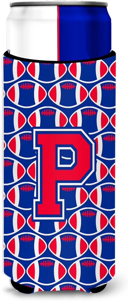 Letter P Football Crimson and Yale Blue Ultra Beverage Insulators for slim cans
