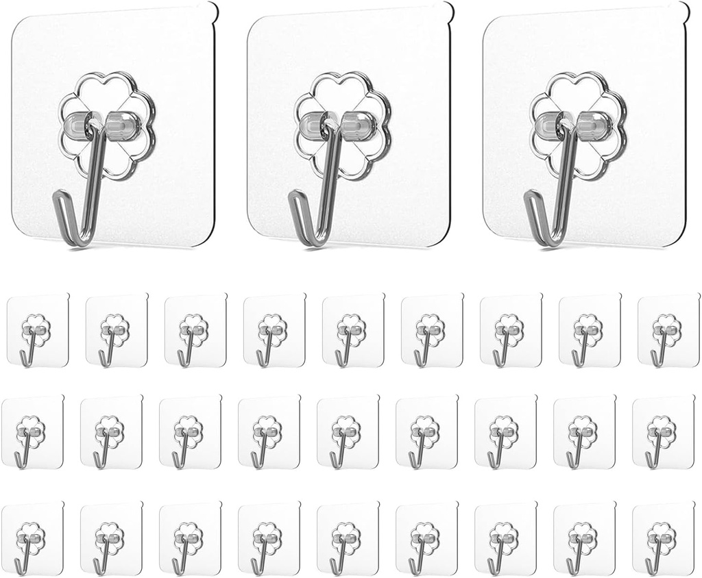 Adove Adhesive Hooks for Hanging, Heavy Duty Wall Hooks 20 Pack, Removable Sticky Ceiling Hooks, Transparent Self Adhesive Shower Hooks, Water & Oil Proof Strong 22lb(Max) Door Coat Hooks