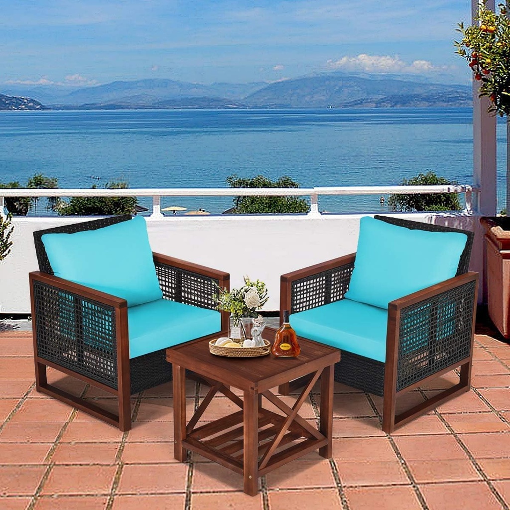 LDAILY 3 Pieces Patio Furniture Set, Rattan Outdoor Front Porch Chairs with Wood Coffee Table & Cushion, Comfy Wicker Conversation Patio Set for Movie Seating, Balcony, Garden, Poolside (Turquoise)