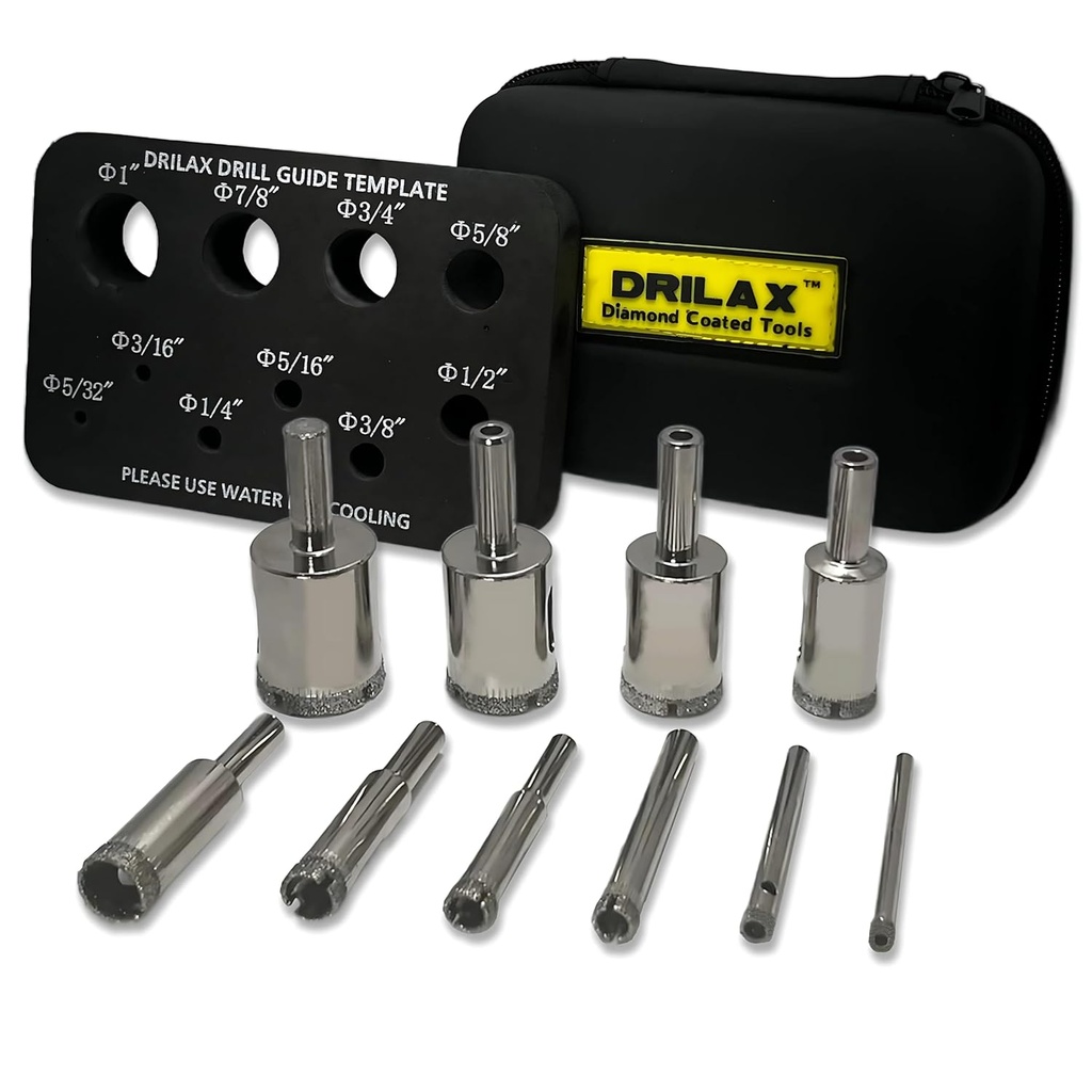 Drilax 10-Pc Diamond Drill Bit Set (5/32" to 1") with Guide & Case | for Ceramic, Glass, Porcelain, Tile & Granite | Multi-Material Diamond Hole Saw Kit