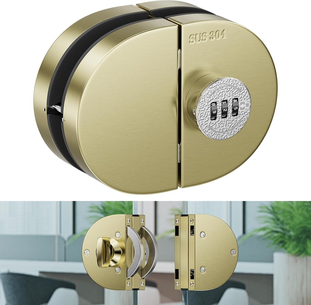 Ranbo Frameless Mechanical Combination Glass Door Lock, No-Drill Installation, Fits 3/8''–1/2'' Thick Tempered Panels, Brushed Gold, for Double Swing Glass Doors, Home & Commercial Use