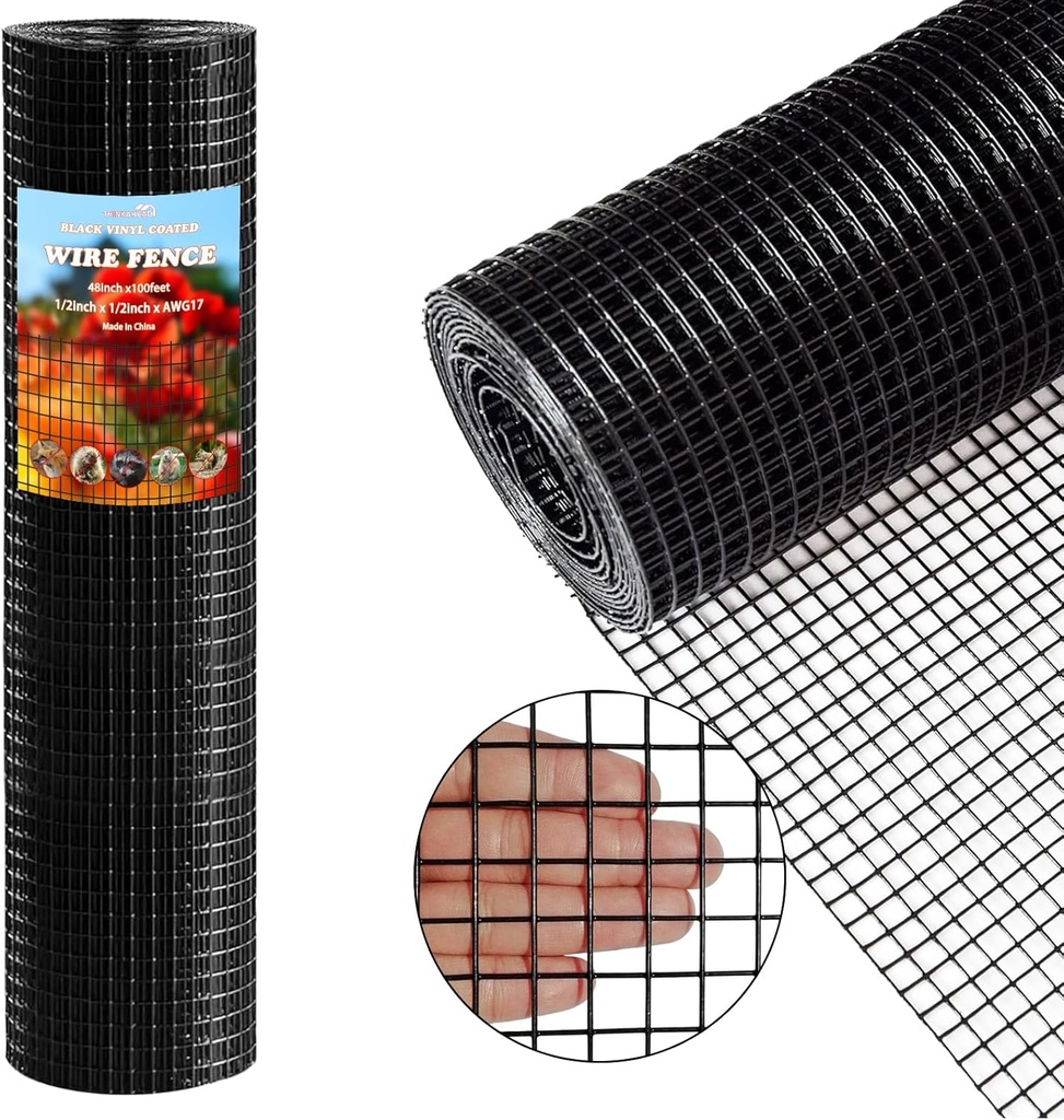 Thinkahead Black Steel 1/2 inch 48 X 100 ft 19 Gauge Vinyl PVC Coated Wire Mesh Roll Galvanized Hardware Cloth
