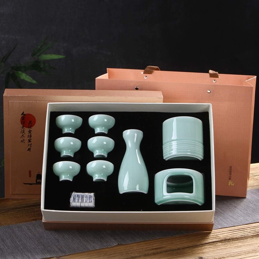 Japanese Sake Cup Set 6 Piece Porcelain Pottery Traditional Ceramic Cups Crafts Wine Glasses Japanese Sake Set with 1 Sake Serving Bottle and 4 Sake Cups,A