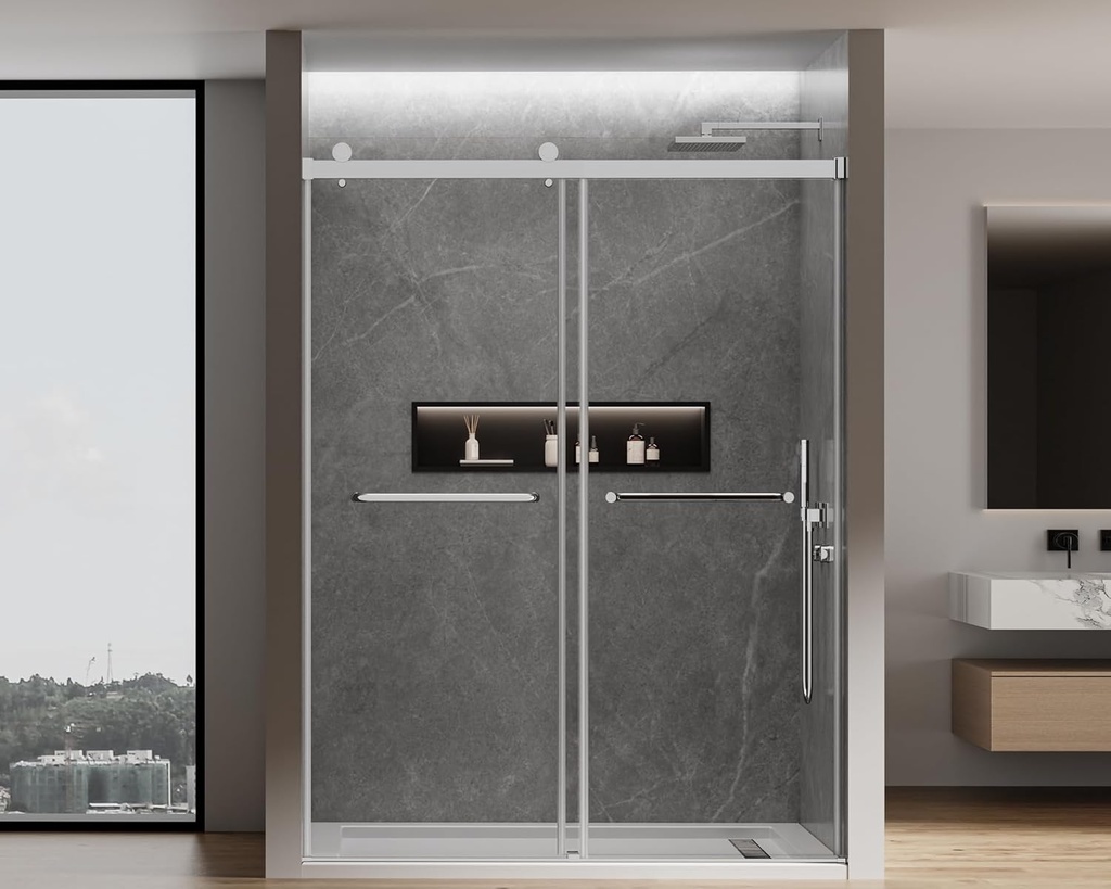 Double Sliding Frameless Shower Door, 56-60 in. W x 76 in. H, Door, 5/16" (8mm) Tempered Glass, Nano Coated for Easy Cleaning, Dual Handles, Stainless Steel Hardware – JVR-A04 (Bright Chrome)