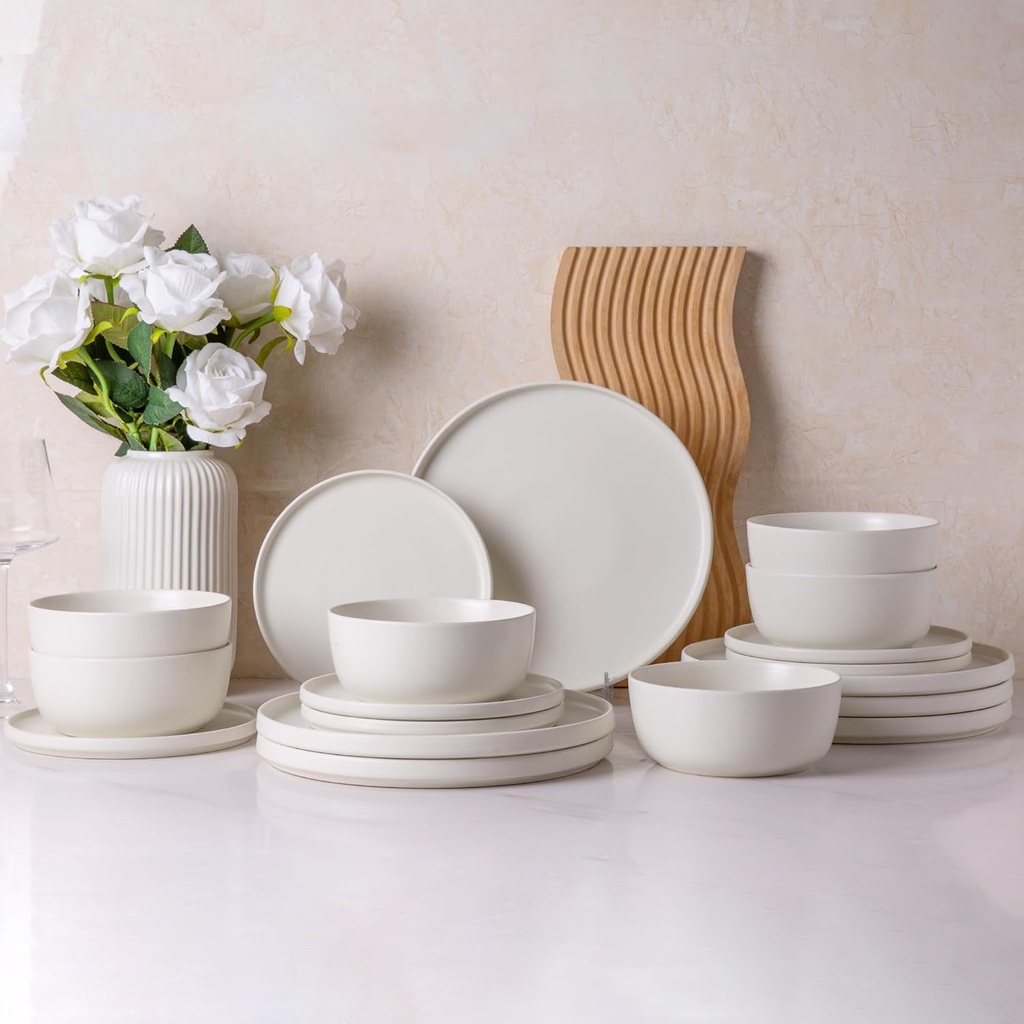 AmorArc Stoneware Dinnerware Sets for 6,Reactive Ceramic Plates and Bowls Set,Highly Chip and Crack Resistant | Dishwasher & Microwave Safe | Round Dishes Set Service for 6 (18pc),Matte White