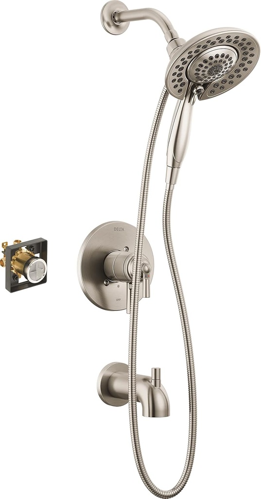Delta Faucet Saylor 17 Series Brushed Nickel Tub and Shower Faucet Combo In2ition 2-in-1 Shower Head with Handheld Spray, Bathtub Faucet, Tub Faucet Set, Stainless T17435-SS-I (Valve Included)