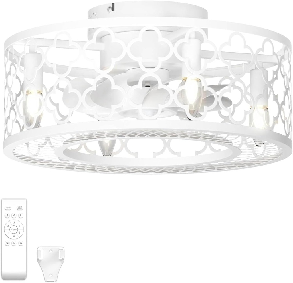 Coolbull White Caged Ceiling Fans with Lights and Remote Outdoor Enclosed Bladeless 18 Inch Low Profile Flush Mount Fixture Small Fandelier LED Ceiling Fan Light for Kitchen Farmhouse Bedroom