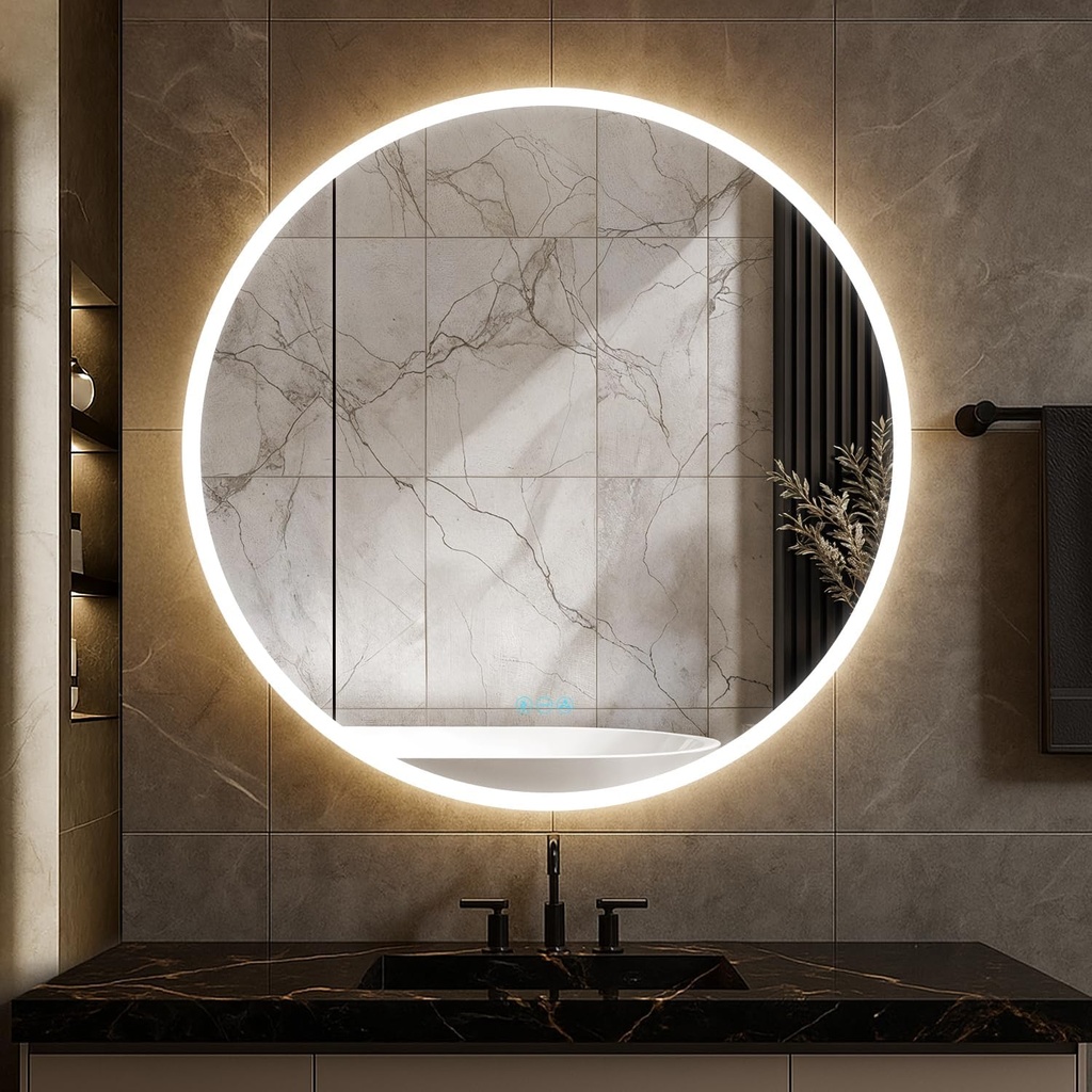 Blossom 32 Inch Round LED Medicine Cabinet, Lighted Mirror with Adjustable Brightness, Defogger, Soft Close, Storage Shelves, Surface or Recessed Mount Bathroom Storage (Left Hinge Door)