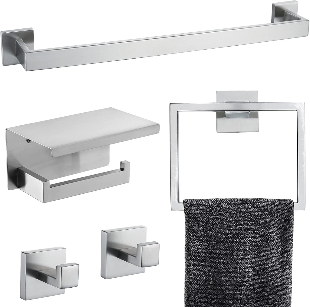 Brushed Nickel Bathroom Towel Bar Set Bathroom Accessories Hardware Set Including Towel Bar Towel Ring Coat Hook and Toilet Paper Holder with Shelf. Wall Mounted Stainless Steel