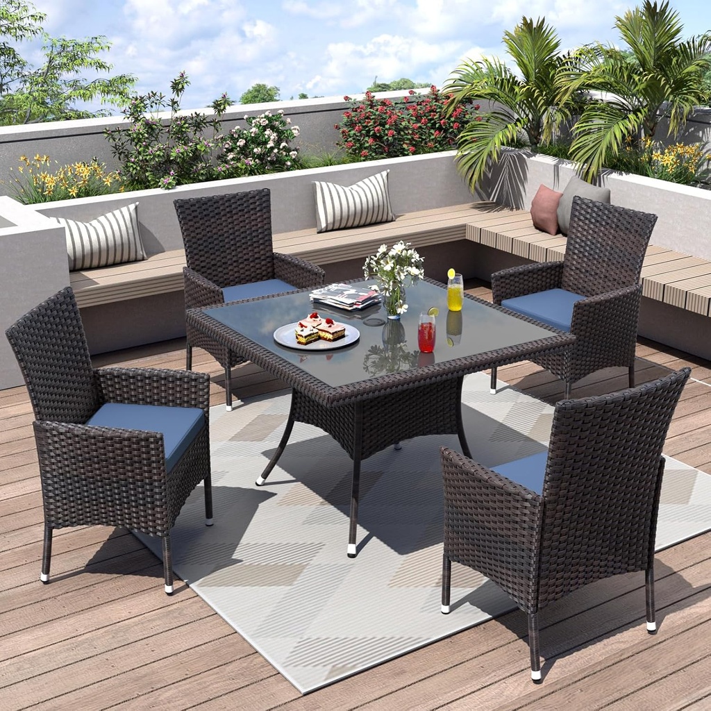 ALAULM 5 Piece Patio Dining Set All-Weather Wicker Outdoor Furniture Set w/Tempered Glass Tabletop, Removable Cushions and Umbrella Hole for Patio, Backyard, Garden, Poolside（Navy）