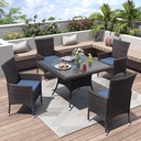 ALAULM 5 Piece Patio Dining Set All-Weather Wicker Outdoor Furniture Set w/Tempered Glass Tabletop, Removable Cushions and Umbrella Hole for Patio, Backyard, Garden, Poolside（Navy）
