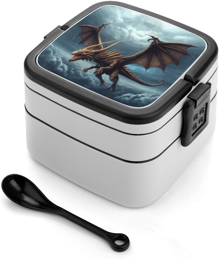 Flying Dragon Bento Box Adult Lunch Box All-in-One Lunch Containers with Removable Compartments Double Layer Bento Lunch Box with Spoon And Handle Stackable Lunchbox