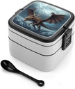 Flying Dragon Bento Box Adult Lunch Box All-in-One Lunch Containers with Removable Compartments Double Layer Bento Lunch Box with Spoon And Handle Stackable Lunchbox