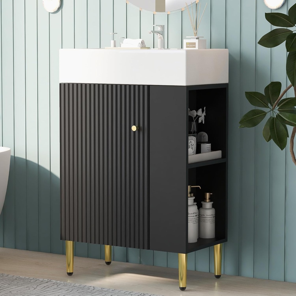 22 Inch Bathroom Vanity With Sink, Small Cabinet With Soft Closing Door and Right Side Storage, Modern Freestanding Single Bath Vanity, Ceramic Sink, Black