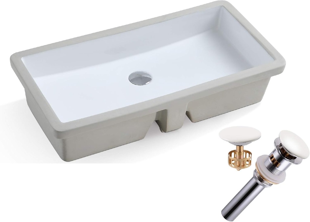KINGSMAN Rectrangle Undermount Vitreous Ceramic Lavatory Vanity Bathroom Sink Pure White (27.9 Inch with Pop-up Drain)