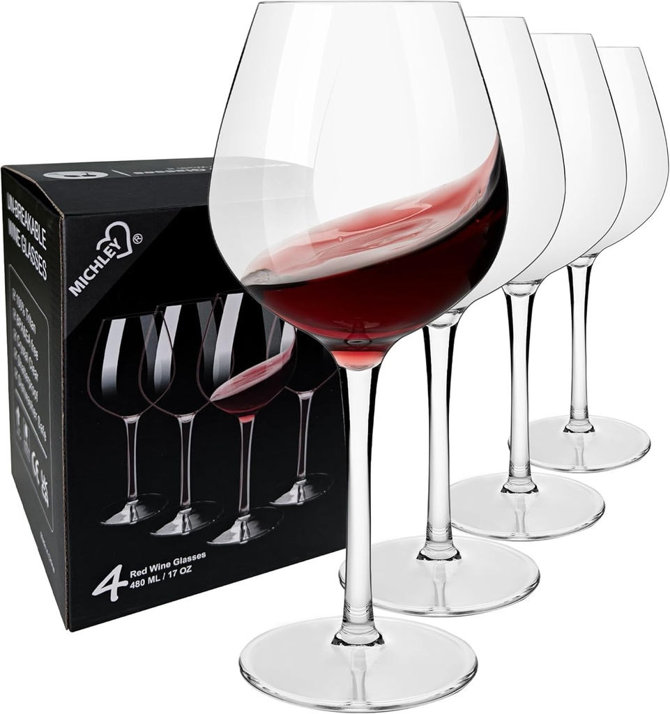 MICHLEY Unbreakable Red Wine Glasses 17 oz, Tritan Plastic Reusable Stemware for Indoor and Outdoor Use, Set of 4